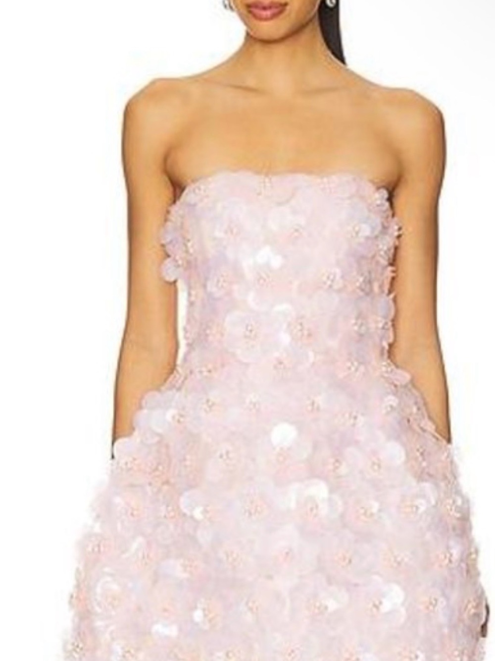 Lina Dress in Pink. Strapless Pink Floral Sequin Mini Dress